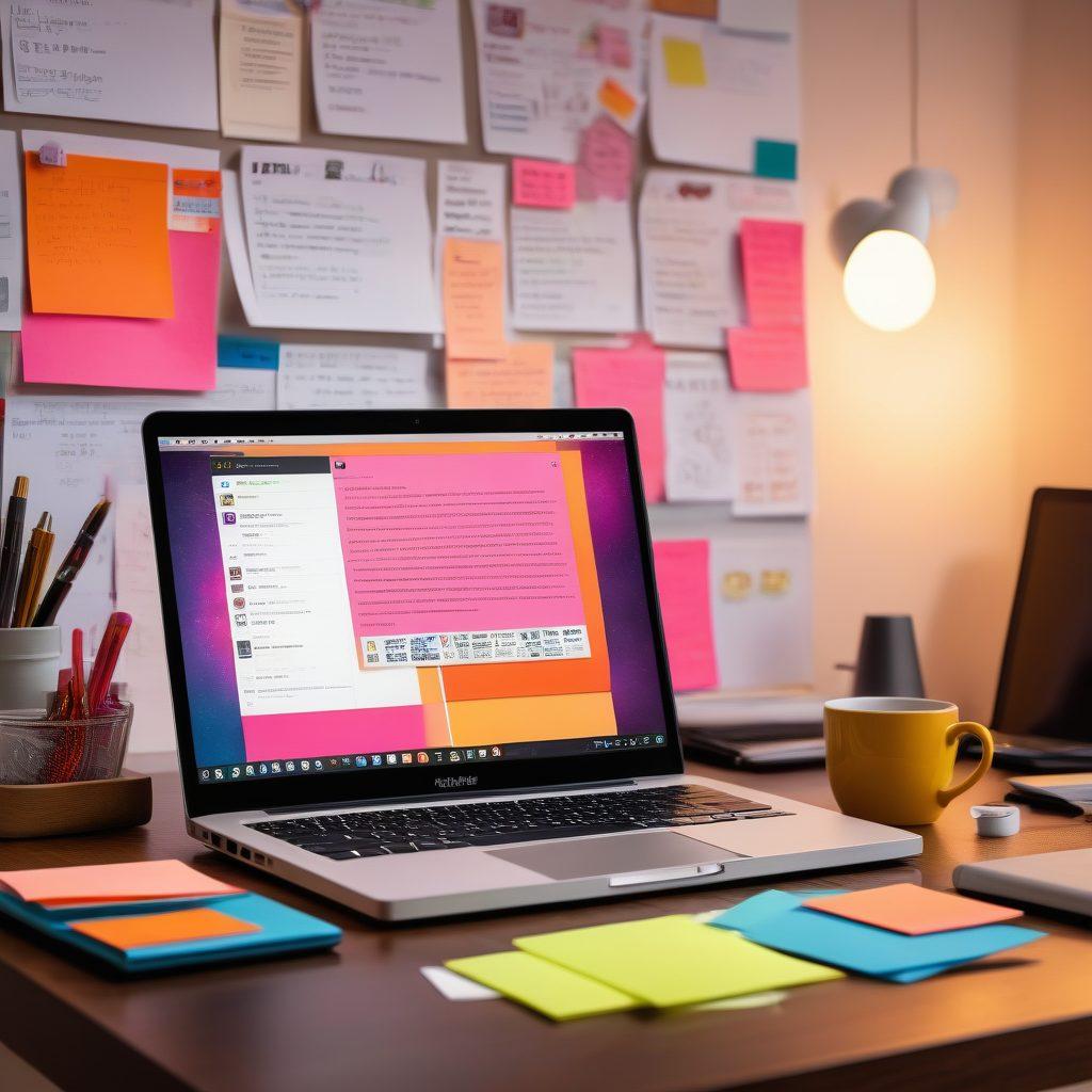 A modern workspace featuring a sleek laptop with an open blog interface displaying adult entertainment tips, surrounded by creative writing materials like colorful sticky notes, vibrant pens, and a cup of coffee. The background hints at a digital theme with abstract shapes and soft lighting, evoking the world of online content creation. super-realistic. vibrant colors. modern style.