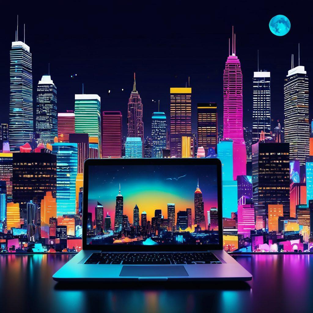 An imaginative collage depicting a vibrant adult blogging landscape filled with playful elements: a laptop opened to a blog interface, surrounded by artistic representations of diverse characters engaged in various activities like writing, filming, and networking. Incorporate whimsical icons symbolizing creativity, such as light bulbs and hearts, along with a subtle backdrop of a nighttime city skyline bursting with neon colors. vibrant colors. digital art.