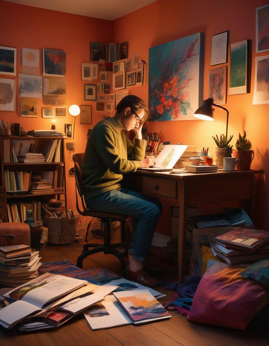 A thoughtful writer sitting at a cozy desk surrounded by creative materials, pondering over a laptop. Soft lighting casts a warm glow, emphasizing a balance between creativity and sensitivity. Elements like colorful notebooks, artistic sketches, and an abstract painting in the background symbolize artistic expression. Include subtle hints of adult themes in an abstract form to maintain a sophisticated ambiance. 3D. vibrant colors. cozy atmosphere.